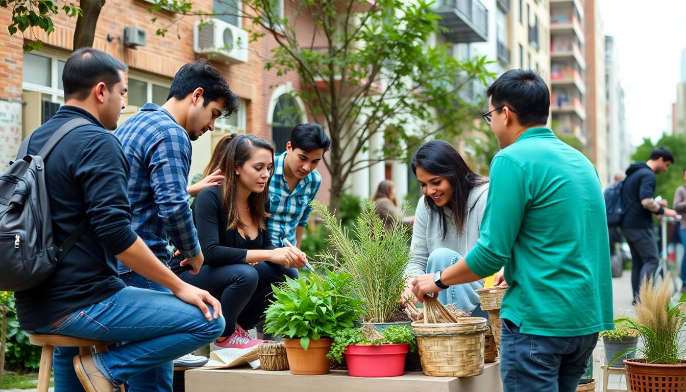 A group of people working together, sharing resources, and supporting each other in a urban setting.