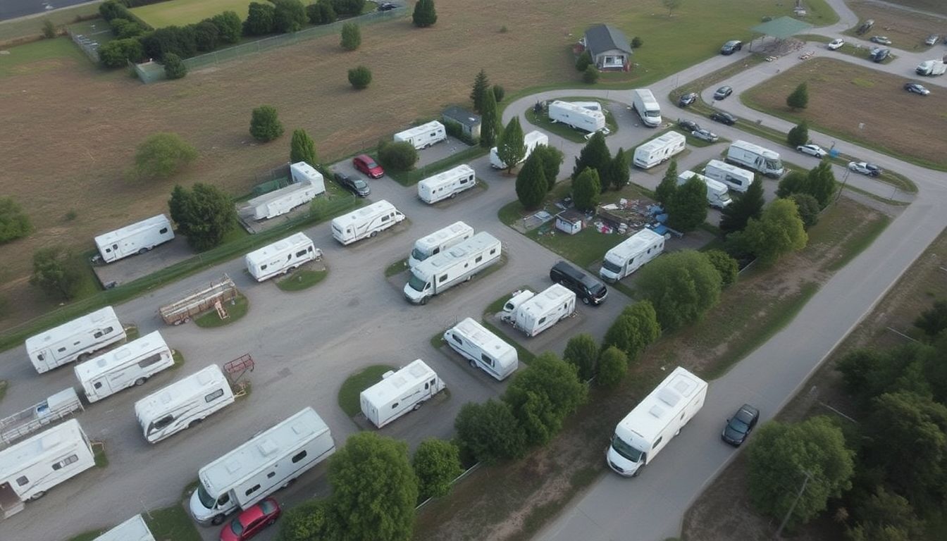 An aerial view of the RV camp, showing the layout and the scale of the situation.