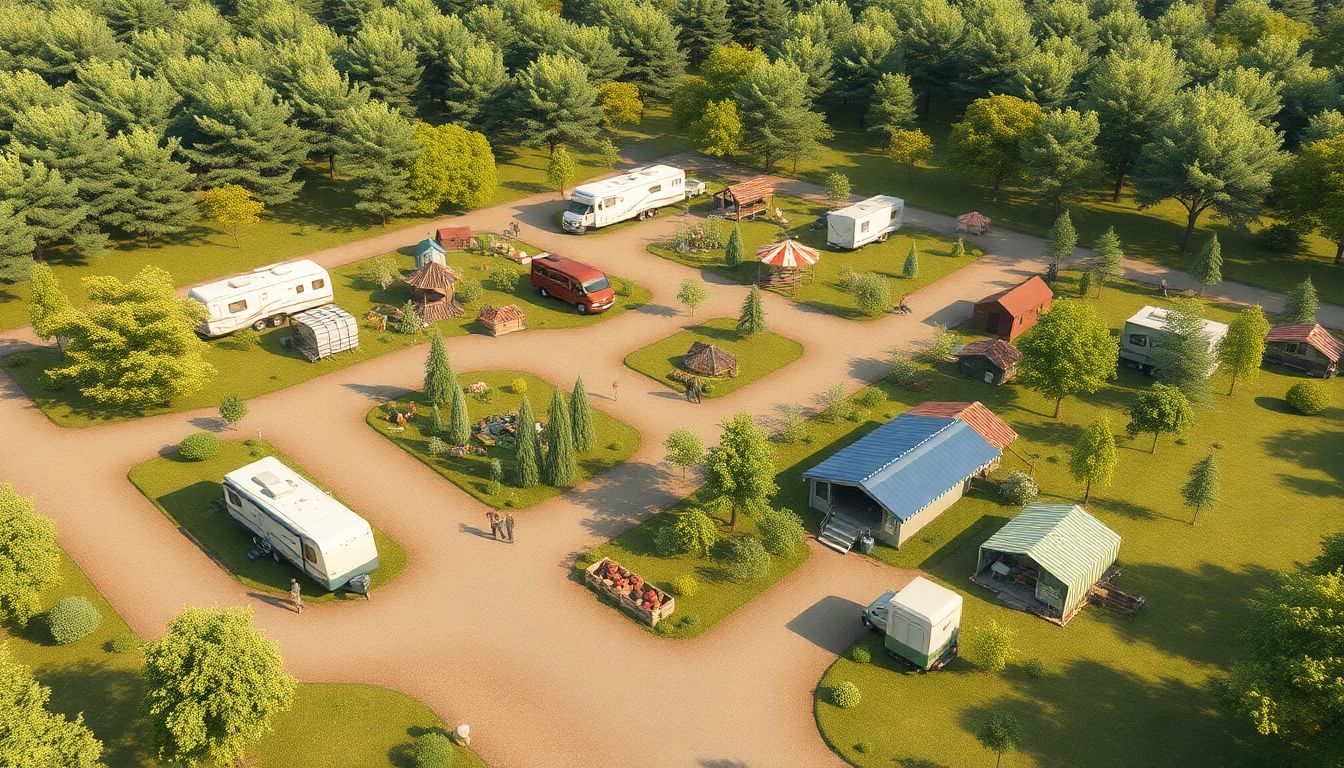 A rendering or concept art of a well-planned, sustainable RV camp, with green spaces and community facilities.