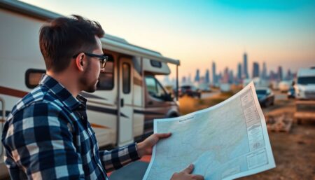 A close-up of an RV camp, with the city skyline in the background, and a thoughtful person holding a map, planning for the future.