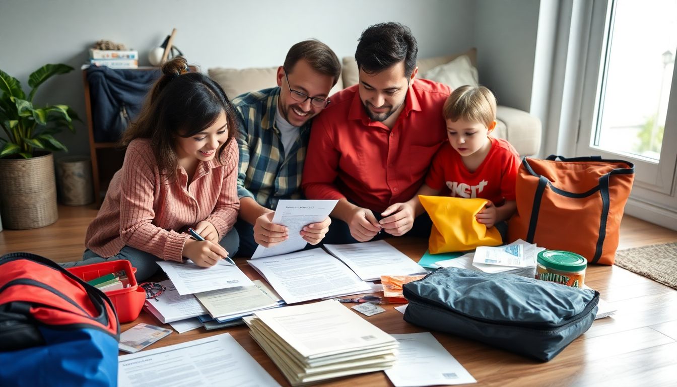 A family preparing emergency kits, with important documents and resources laid out in front of them.