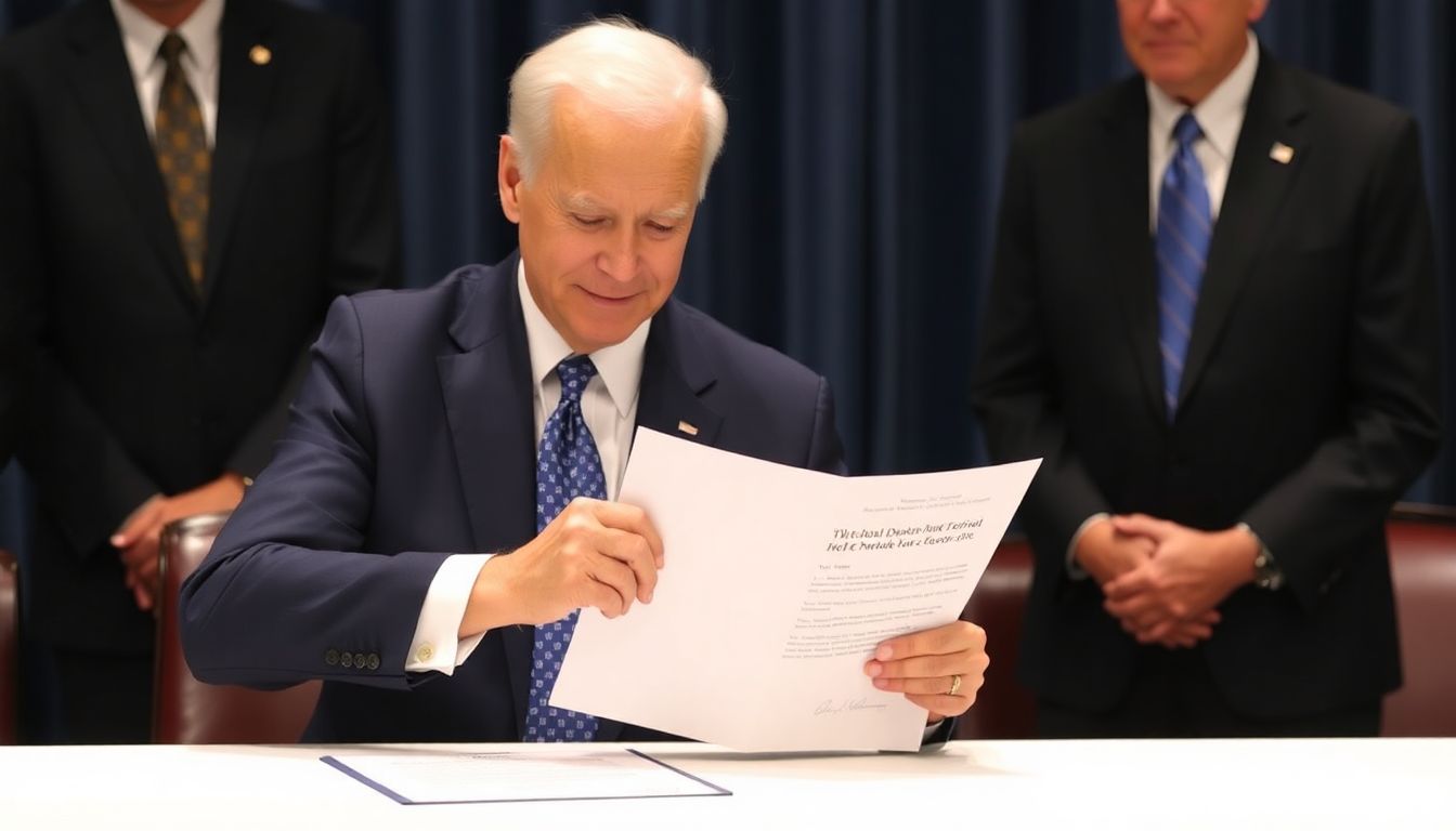 President Biden signing the Federal Disaster Tax Relief Act into law, with a hopeful Congressman Doug LaMalfa looking on.