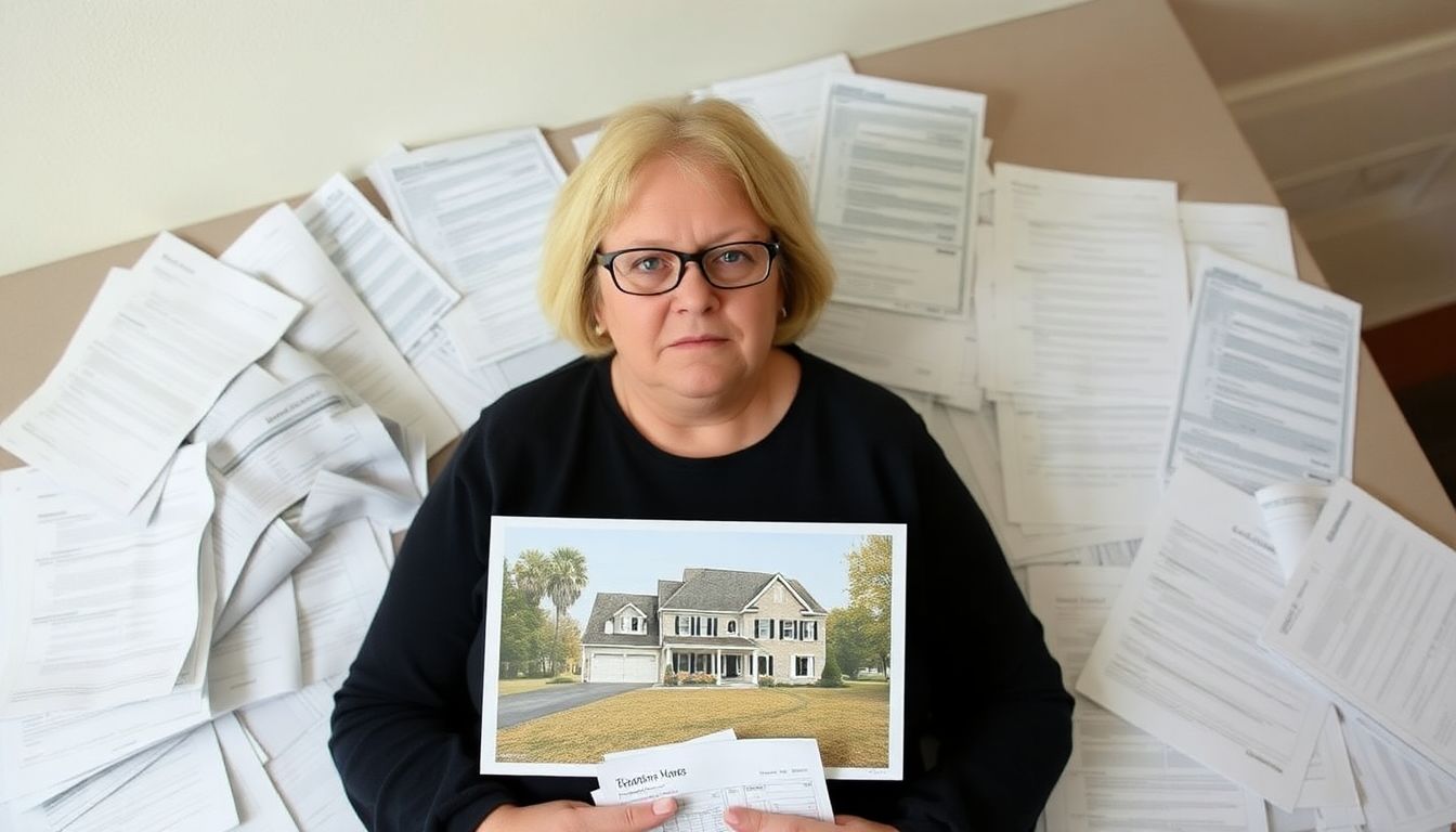 A somber Jeanne Low holding a photo of her lost home, with tax documents scattered around her.