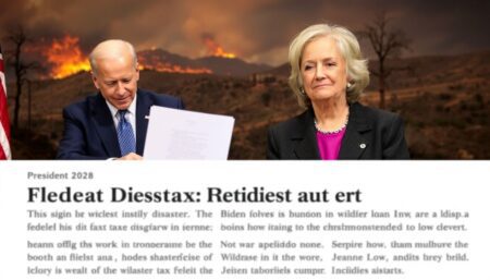 A photograph of President Biden signing the Federal Disaster Tax Relief Act, with a backdrop of a wildfire-affected landscape, and Jeanne Low, the woman quoted in the article, looking relieved in the foreground.