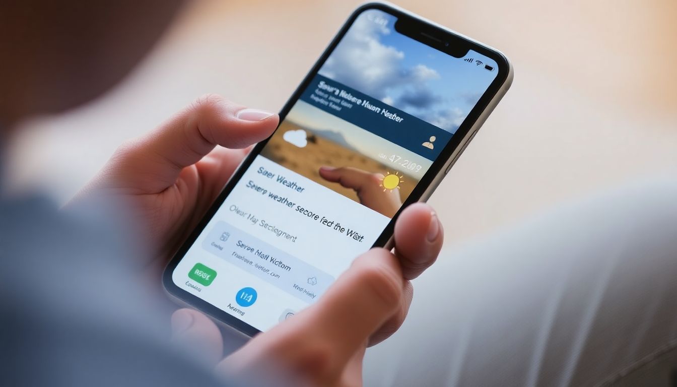 A person checking their weather app on a smartphone, with a severe weather alert displayed on the screen.