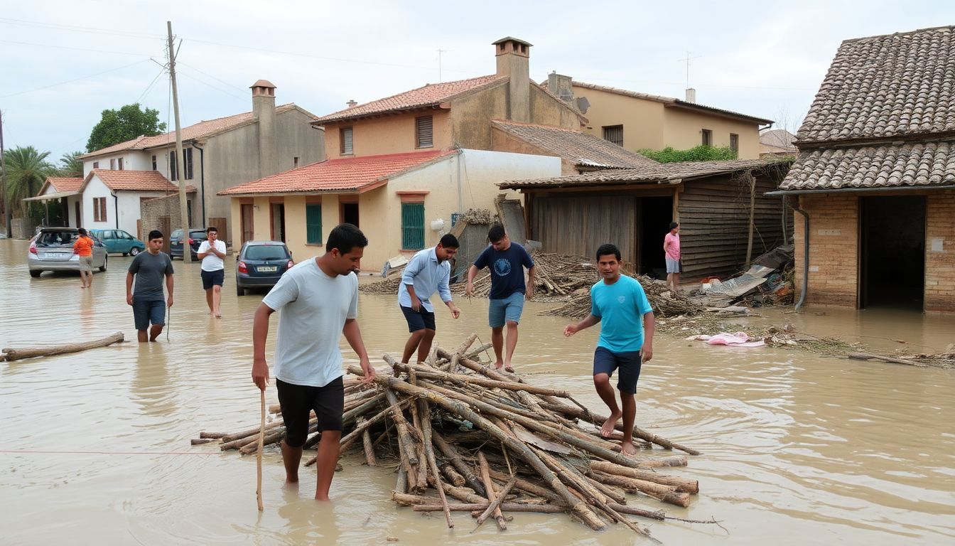 Residents of a flooded town in Spain working together to clear debris and repair damaged homes.