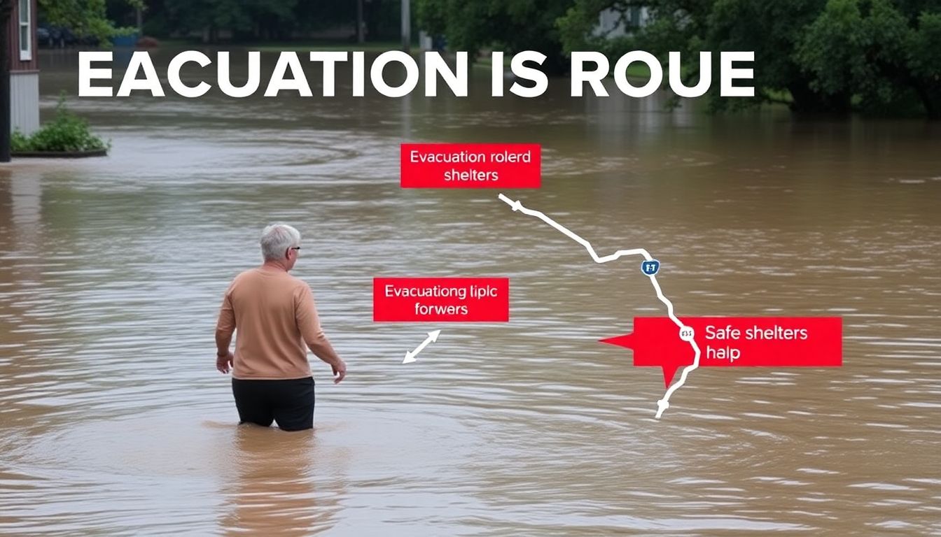 A person wading through floodwaters, with a map of evacuation routes and safe shelters highlighted.