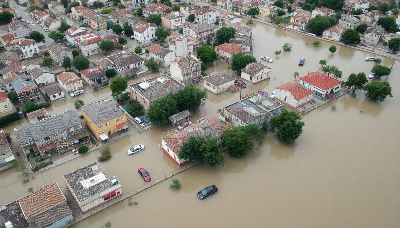 Aerial view of the flooded town of Lorca, Spain, with damaged buildings and cars submerged in water.