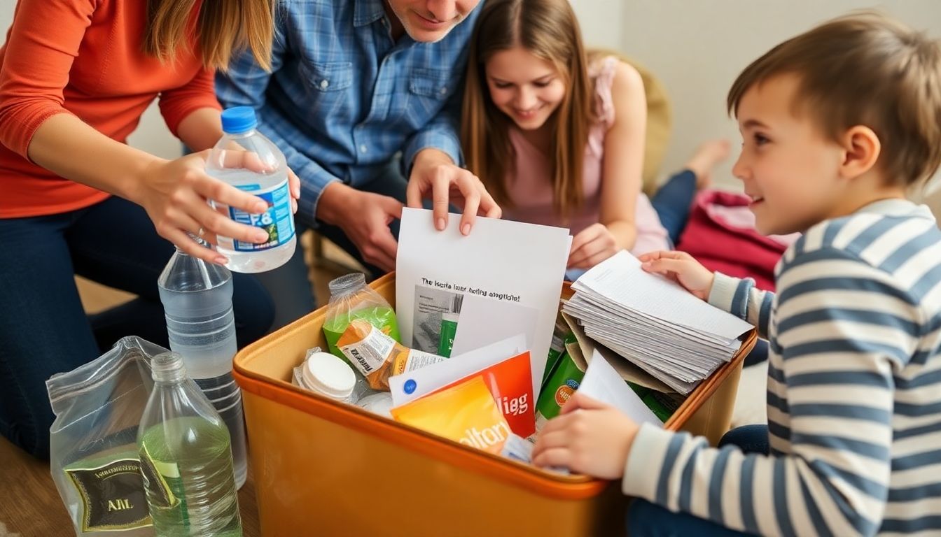 A family packing an emergency kit with essential supplies, such as water, food, and important documents.