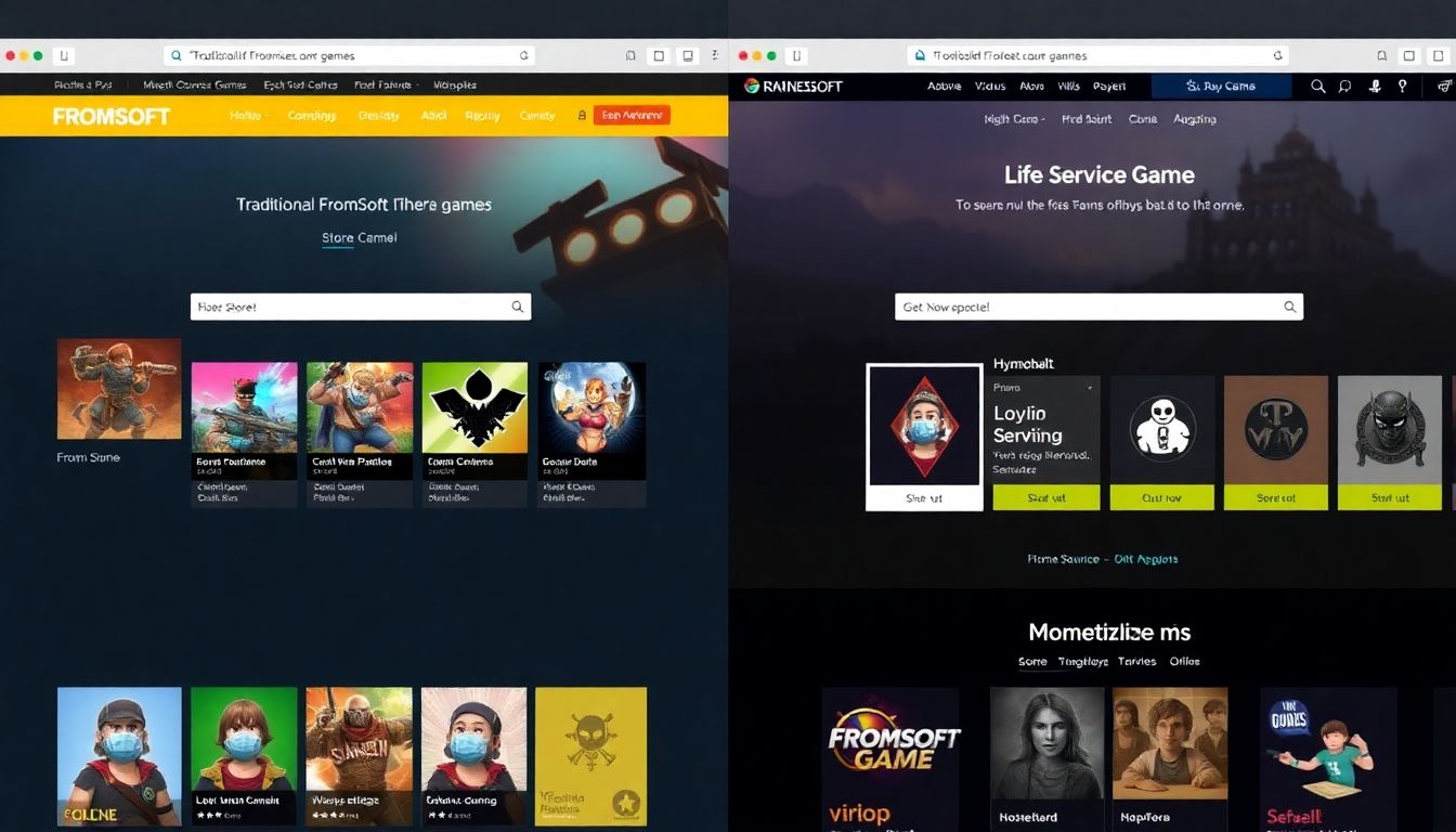 A split-screen image comparing a traditional FromSoft game's store page with a hypothetical life service game store page, highlighting the differences in monetization strategies.