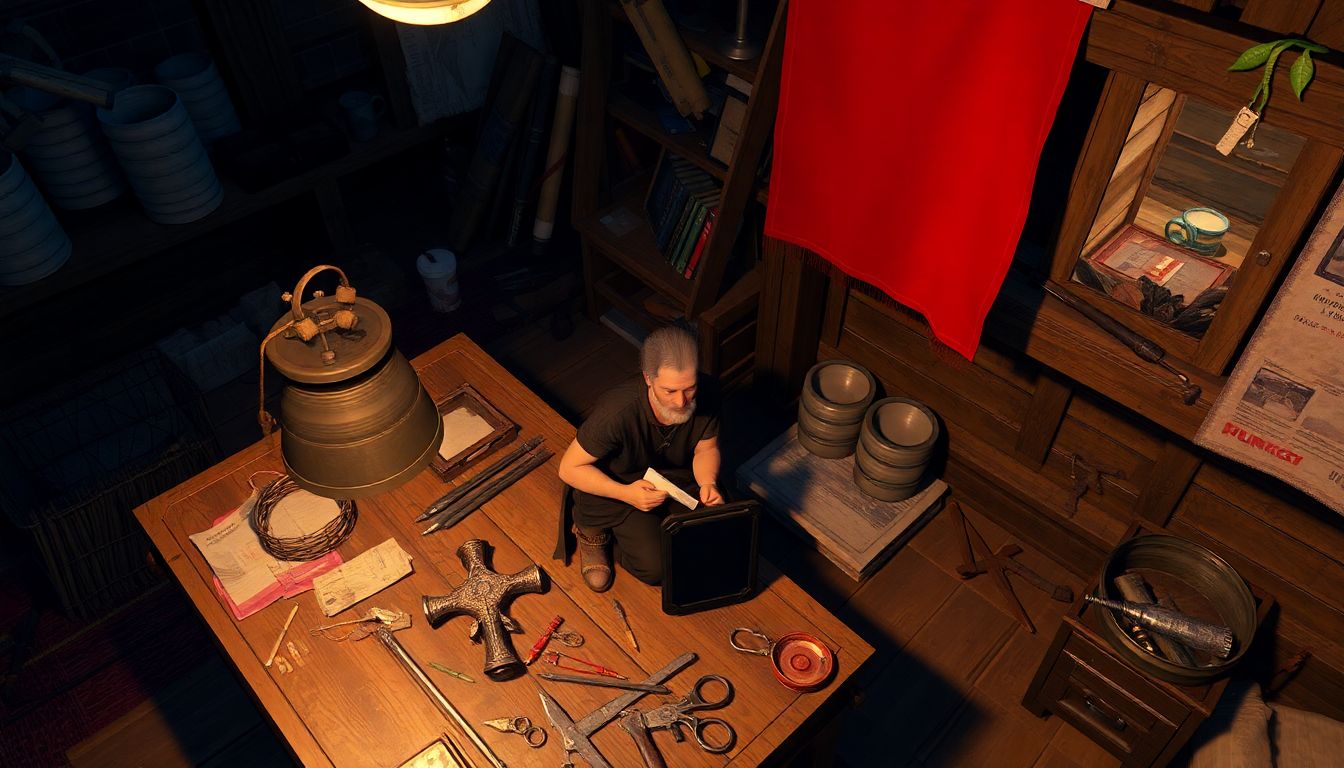 An image showcasing a player character at a workbench, crafting a weapon or item, with various resources and materials scattered around.