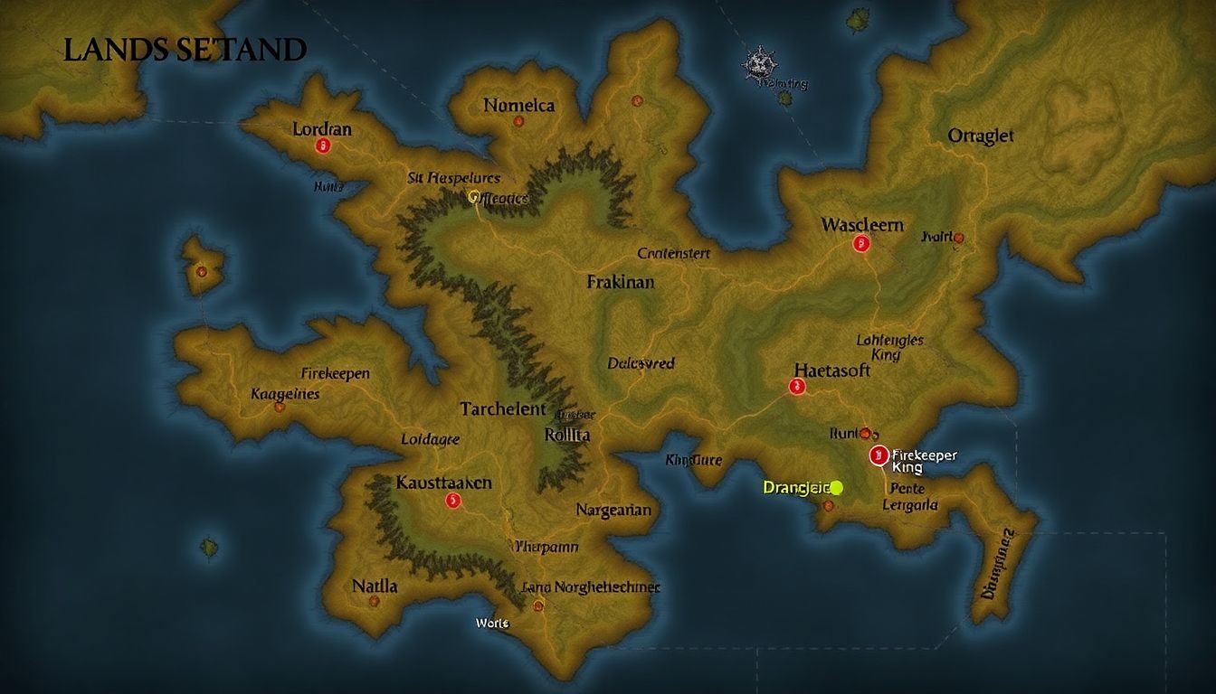 A map of the Lands Between, with various FromSoft worlds (like Lordran, Drangleic, and Yharnam) connected by pathways, and the Nameless King and Firekeeper's locations marked.