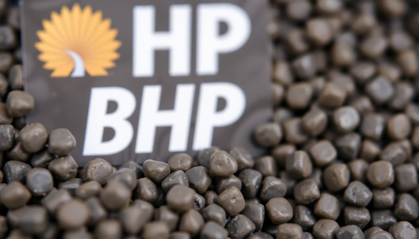 A close-up of high-grade iron ore pellets, with a BHP logo in the background.