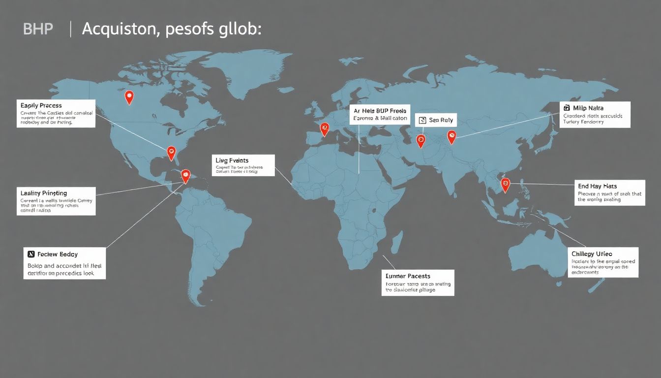 A world map with pins marking BHP's acquisitions and expansion efforts around the globe.