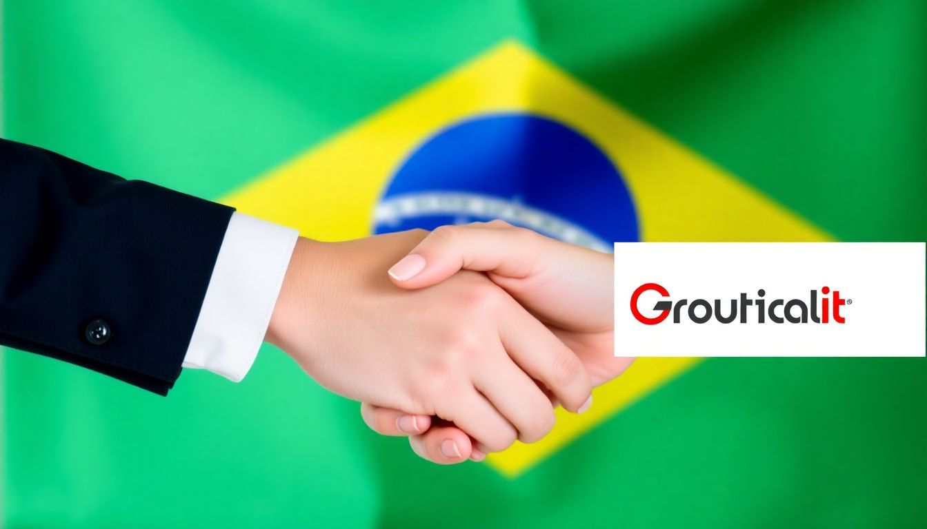 A handshake between two company logos, representing potential collaborations, with a Brazilian flag in the background.