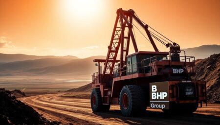 A mining excavator operating in a vast, sunlit Brazilian landscape, with the BHP Group logo prominently displayed.