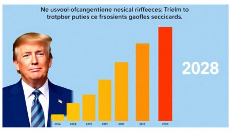 A graphic showing a bar chart with Trump's transition approval ratings rising amidst confirmation chaos, with Newsom's face and the year 2028 on either side, all in a playful, attention-grabbing design.