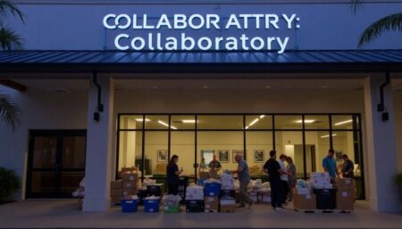 A photograph of the Collaboratory building in Fort Myers, with the words 'Resilience Hub' prominently displayed, and people working together to prepare emergency supplies in the background.