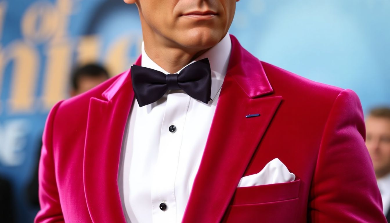 A close-up of Daniel Craig in his double-breasted pink velvet tuxedo at the No Time to Die premiere.