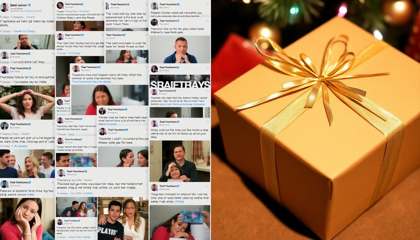 A collage of social media posts from frustrated shoppers, with a close-up of a damaged or broken gift that was supposed to be a Christmas present.