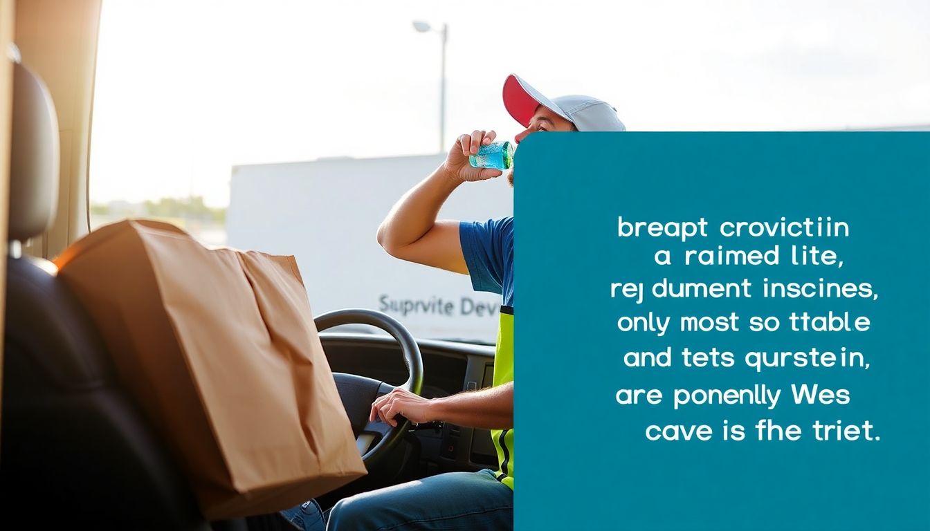 A delivery driver taking a short break, stretching, and hydrating, with a supportive message or quote in the background.