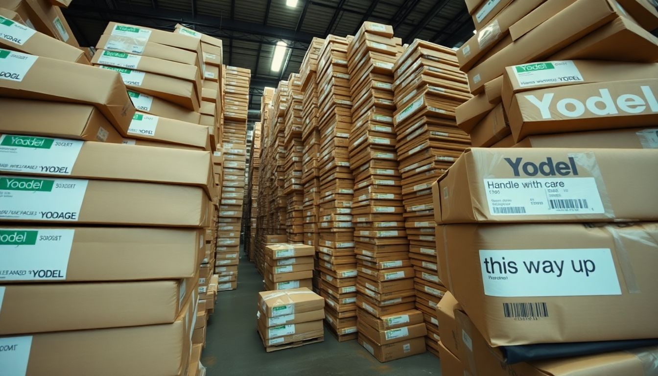 A wide-angle shot of the Yodel warehouse filled with towering piles of undelivered parcels, with a close-up of 'handle with care' and 'this way up' markings on some packages.