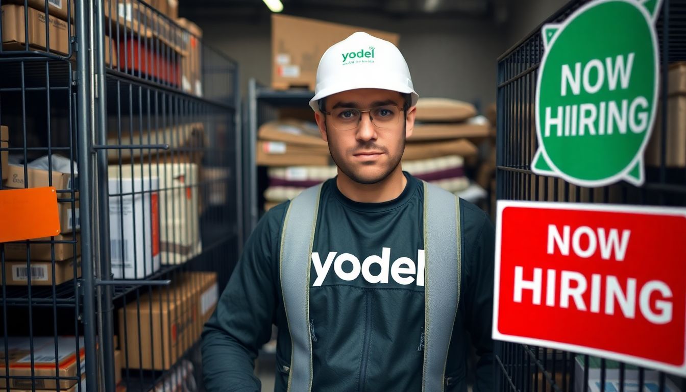 A photo of a Yodel delivery driver looking overwhelmed, surrounded by cages filled with parcels, with a 'Now Hiring' sign in the background.