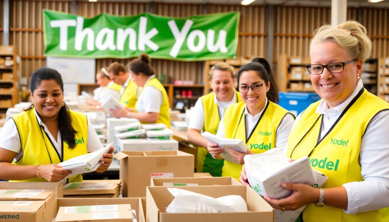 A photo of Yodel workers diligently sorting parcels, with a 'Thank You' sign or banner in the background.