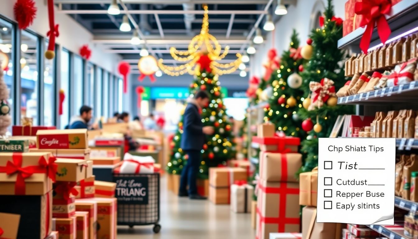 A well-organized, early Christmas shopping scene, with a checklist of prepper tips in the corner of the image.