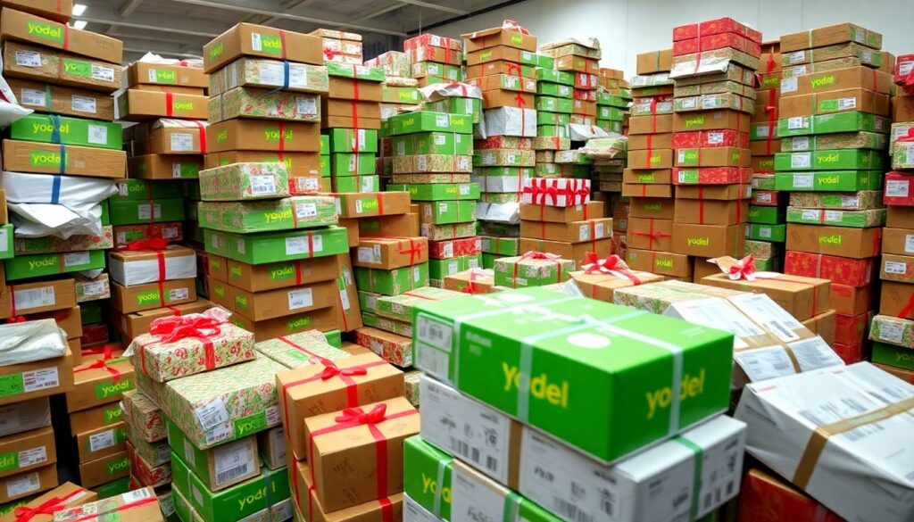 A chaotic scene at a Yodel parcel depot in Scotland, with towering piles of undelivered packages, many containing fragile gifts, stacked precariously like a game of Jenga. Delivery drivers are overwhelmed, and shoppers are left wondering if their Christmas presents will arrive in time.