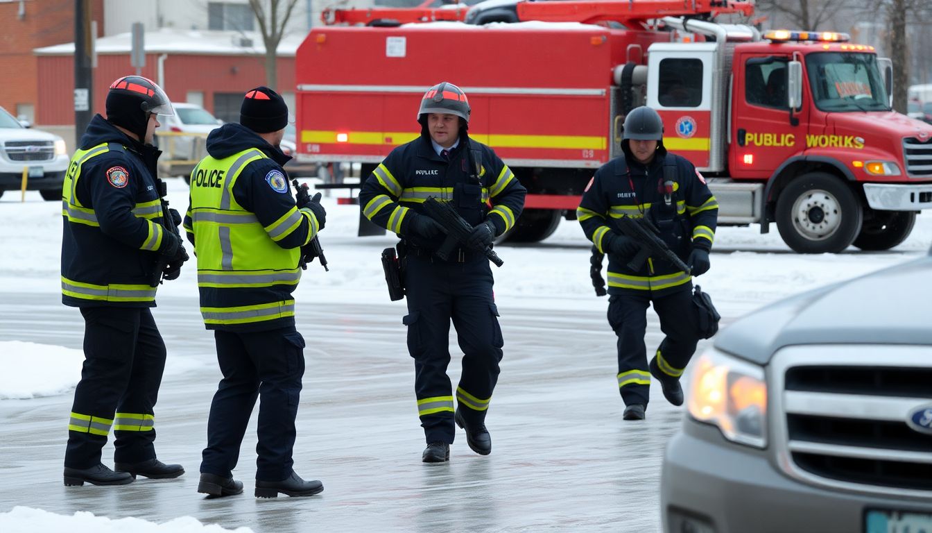 First responders, such as police officers or paramedics, working in icy conditions, with a Public Works truck in the background