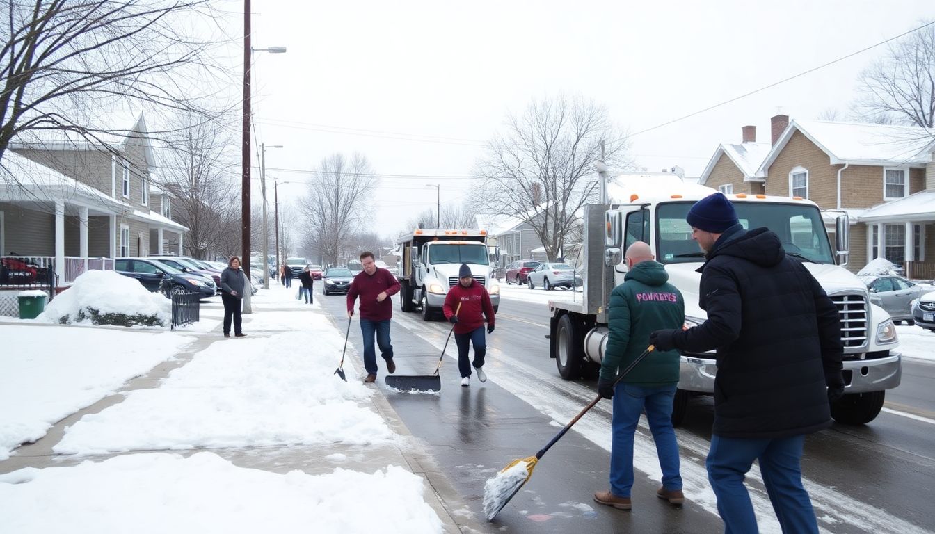 Neighbors helping each other clear their sidewalks and driveways, with a Public Works truck treating the road in the background