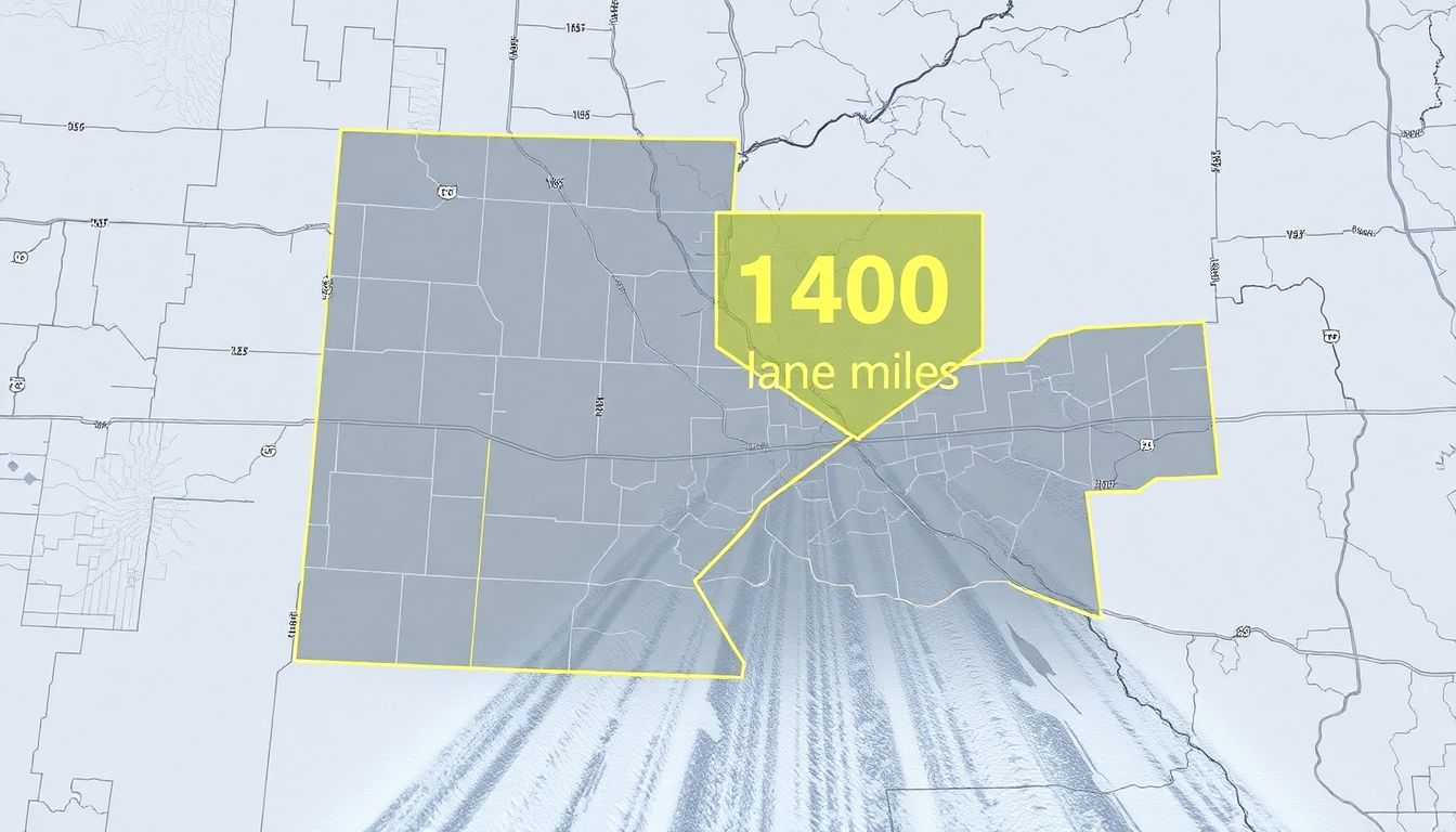 A map of Cedar Rapids with 1,400 lane miles highlighted, overlaid with an image of an icy road