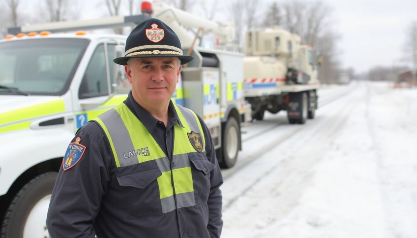 Brian McLeod in his uniform, standing by a Public Works truck, with an icy road in the background