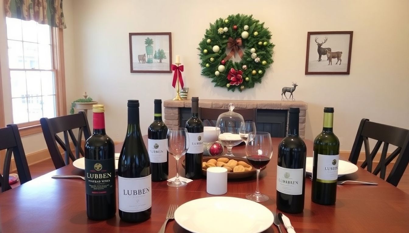 A photograph of Lubben Vineyards and Wines' new location, with a table set for a holiday meal and various bottles of wine visible, and a festive wreath or other holiday decoration in the background.