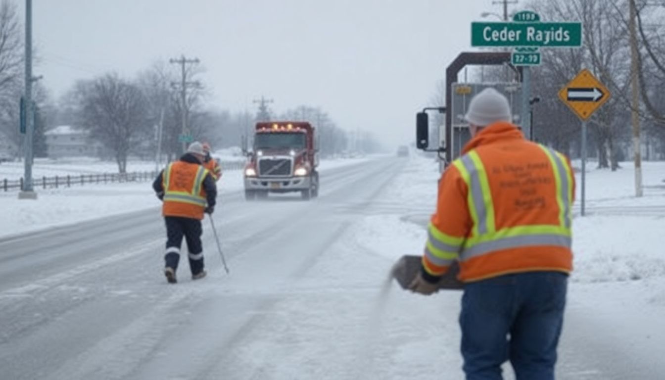 A photograph of Cedar Rapids Public Works employees salting and sanding roads, with snow and ice in the background, and a Cedar Rapids street sign visible.