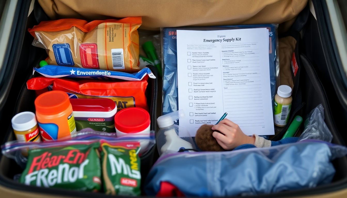 A photograph of a well-stocked emergency supply kit, with a checklist or other organizational tool visible, and a family or individual preparing for an emergency situation.