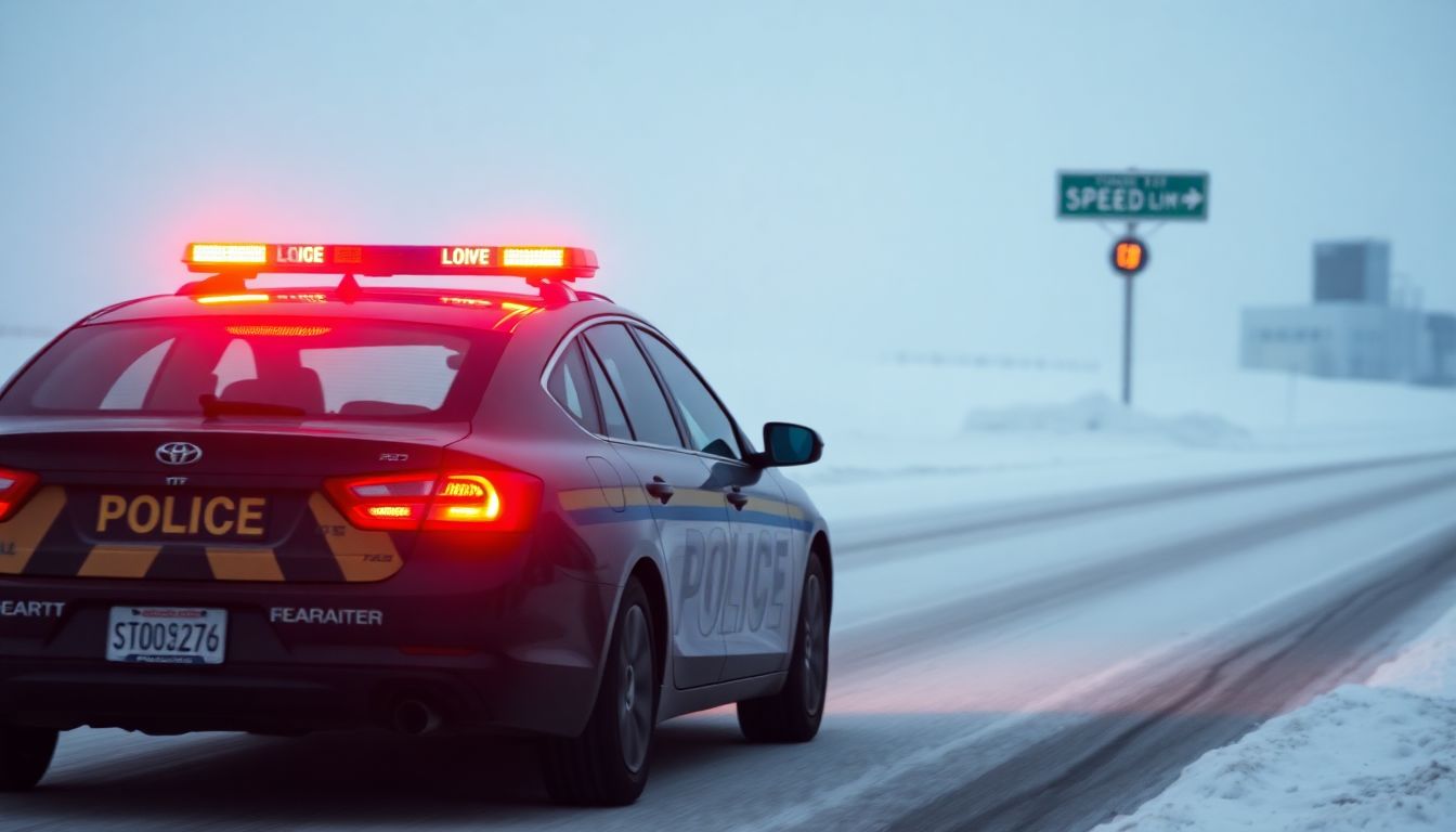 A photograph of a police car with its lights flashing, driving on a snowy or icy road, with a road sign or speed limit indicator visible in the background.