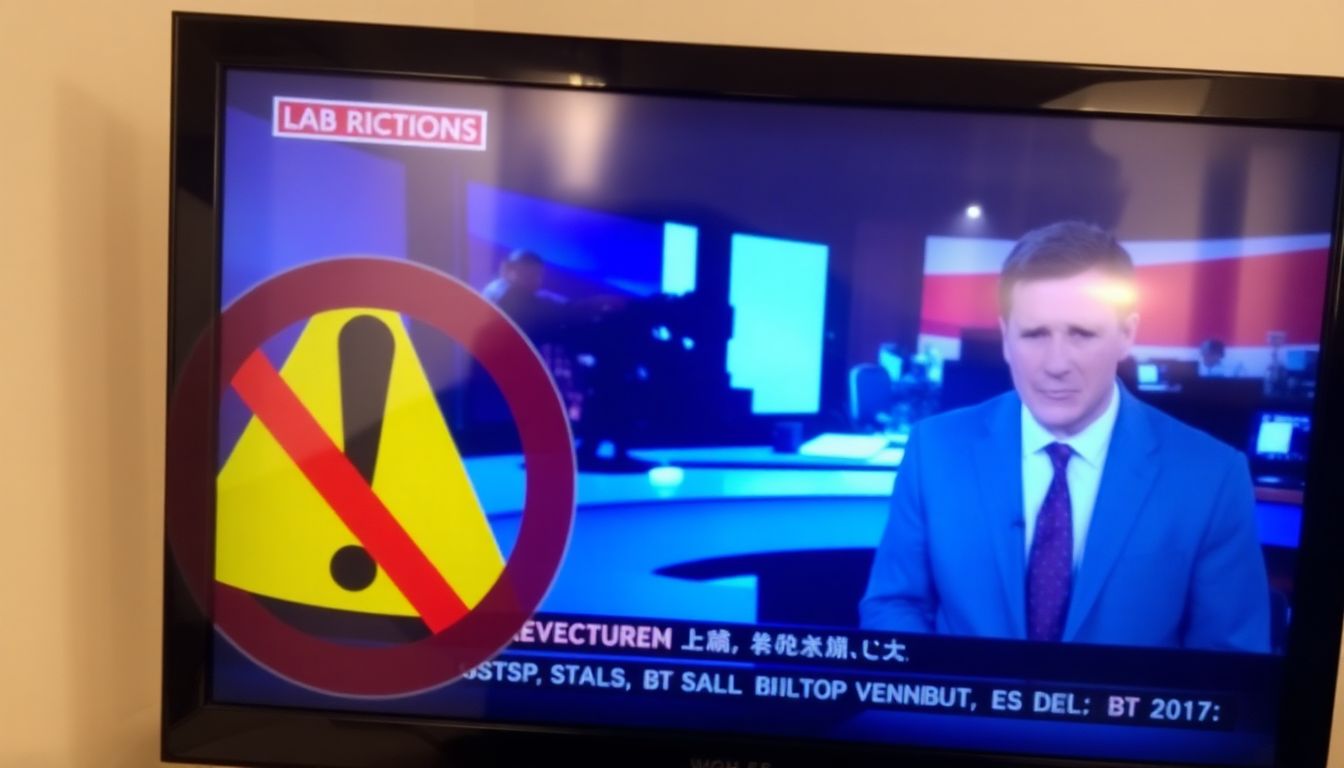 A photograph of a TV screen displaying a news broadcast, with a caution sign or warning symbol overlaid, and a journalist or news anchor visible in the reflection of the screen.