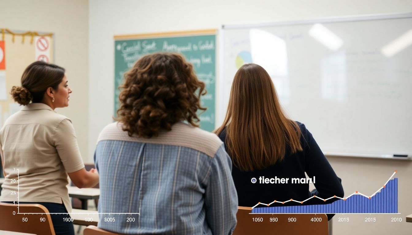 A photograph of local teachers discussing and planning lessons, with a whiteboard or chalkboard visible in the background, and a graph or chart showing teacher morale trends.