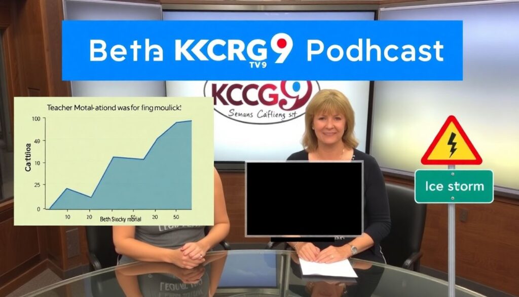 A photograph of Beth Malicki and Becky Phelps in the KCRG-TV9 studio, with a graphic overlay of the podcast logo and the topics discussed: a graph showing teacher morale, a silhouette of a TV screen with a caution sign, and a road sign with an ice storm warning.