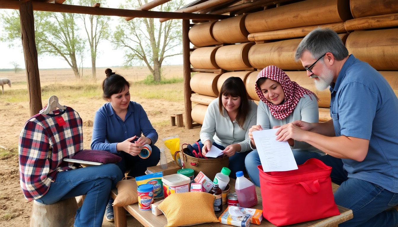 A family in a rural community packing an emergency kit, with a checklist of essential items