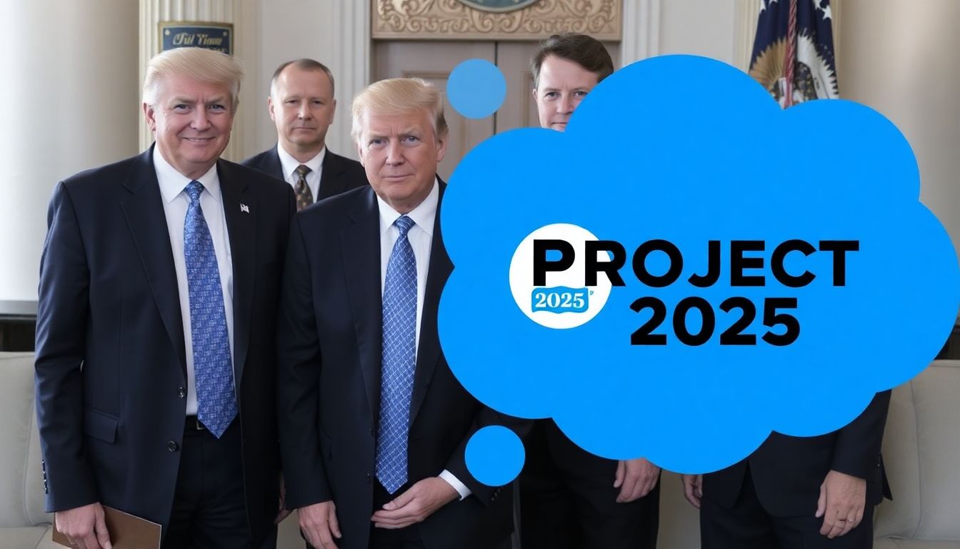 A photograph of Trump with Heritage Foundation officials, with a thought bubble containing Project 2025's logo