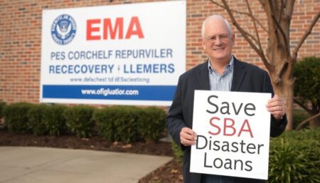 A photograph of Ted Lemoi standing outside a FEMA disaster relief recovery center, holding a sign that reads 'Save SBA Disaster Loans'