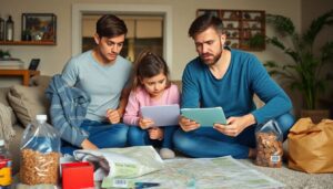 A concerned family preparing for an upcoming storm, with supplies and a map of their area, looking determined