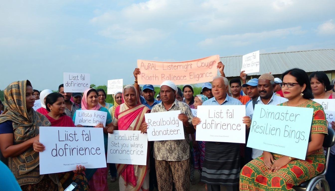 A photo of rural residents rallying or meeting with local representatives to advocate for disaster resilience.