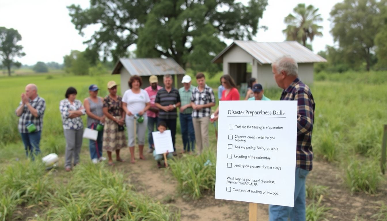 A photo of a rural community participating in a disaster preparedness drill, with a checklist of preparedness steps in the foreground.