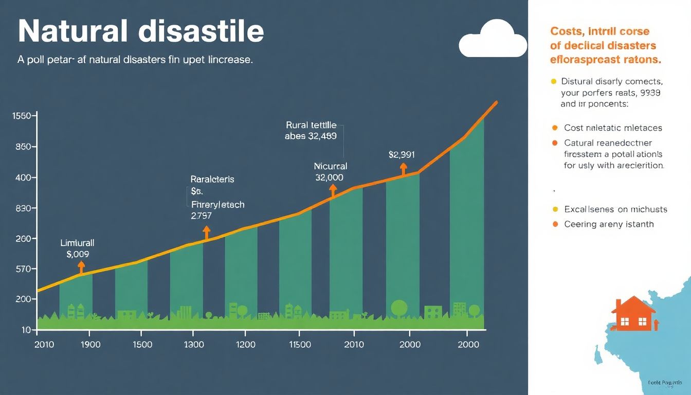 An infographic showing the increase in natural disaster events and costs over time, with a focus on rural areas.