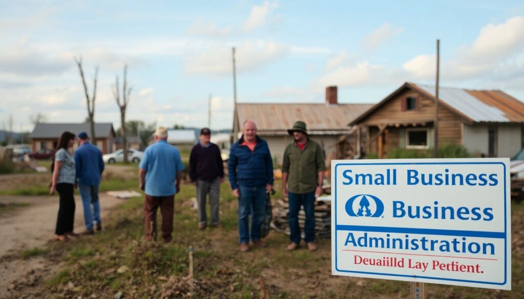 A photo of a rural community recovering from a natural disaster, with people working together to rebuild, and a sign for the Small Business Administration's disaster relief program in the foreground.