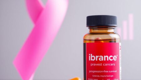 A close-up of a pink ribbon, symbolizing breast cancer awareness, with a pill bottle of Ibrance in the foreground, and a graph showing extended progression-free survival in the background.